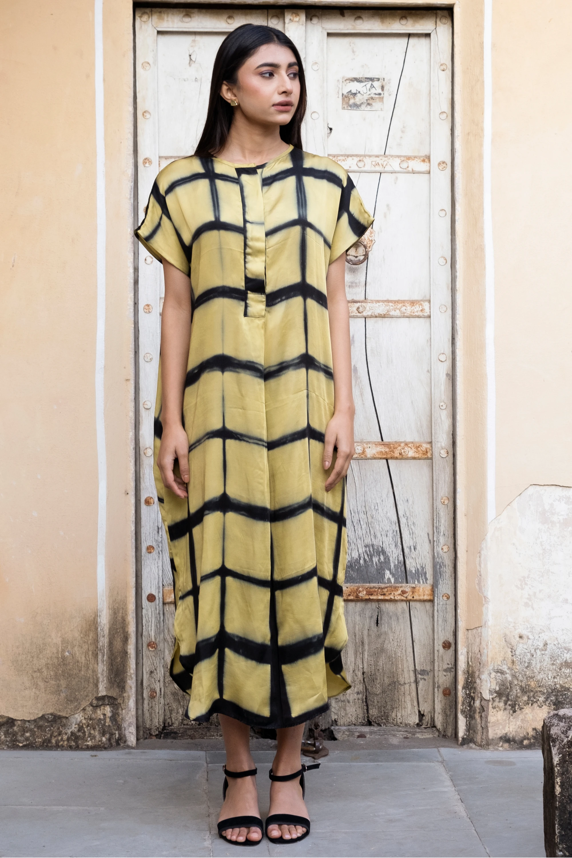 Yellow Black Clamp Dye Modal Dress